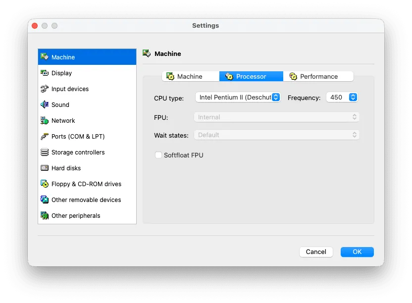 86Box CPU configuration for the emulated Pentium II machine