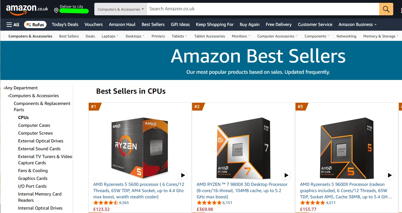 Amazon.co.uk CPU bestsellers on September 22, 2026: Ryzen 5 5600 first, Ryzen 7 9800X3D second.