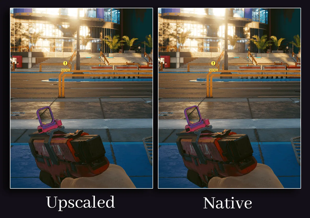 Cyberpunk 2077: MetalFX Quality on the left, native rendering on the right.