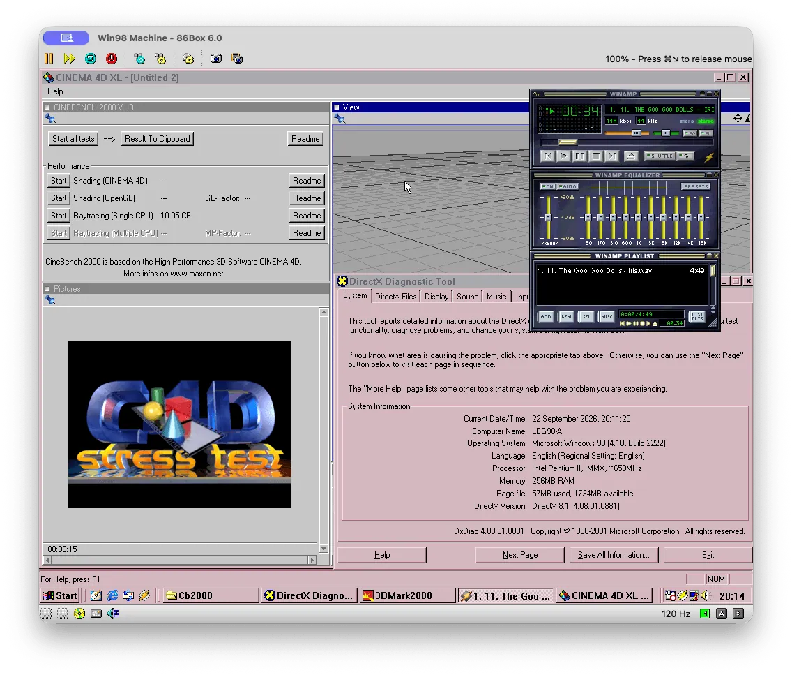 A little overclock... the M6 running a 650MHz Pentium II in my custom 86Box 6.0 build, with Cinebench 2000 and Winamp. One or two audio underruns kept 650MHz from passing, so 600MHz remains the stable result.