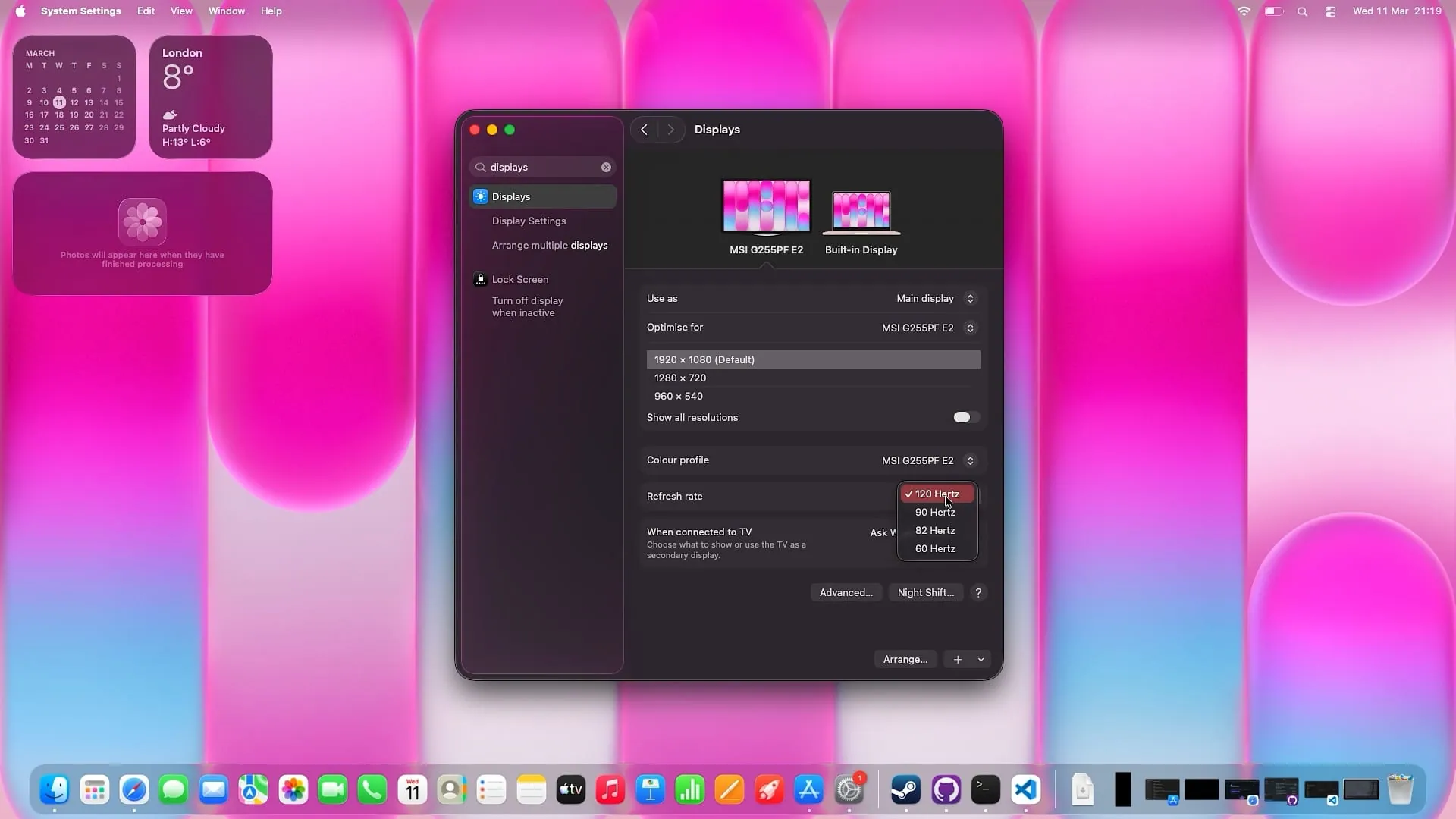 macOS Display Settings showing 120Hz refresh rate on an external MSI G255PF E2 monitor