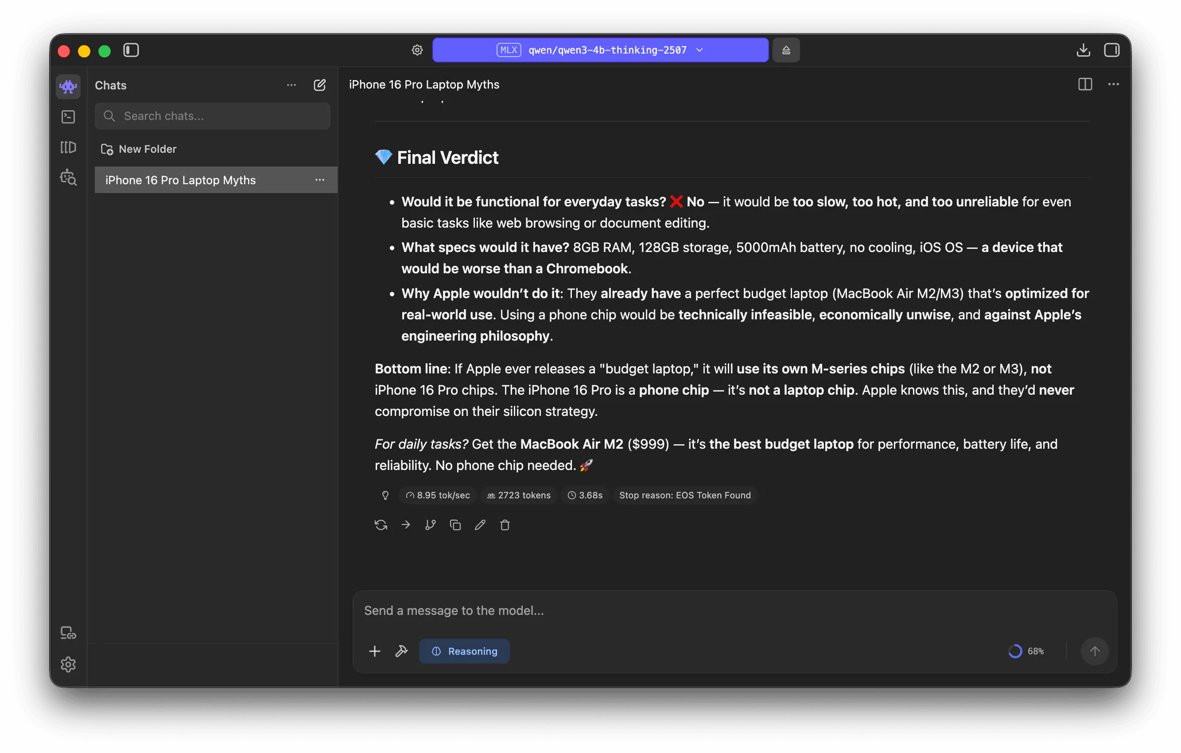 Qwen 4B response suggesting Apple would never make this laptop